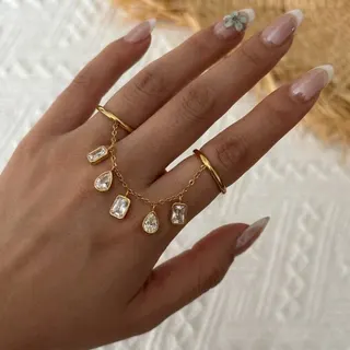 Gold Zircon Tassel Chain Ring - Double Finger Link Ring with Square & Teardrop Cubic Zirconia Drops, Stainless Steel 18K Gold Plated, Elegant French Style Jewelry for Women