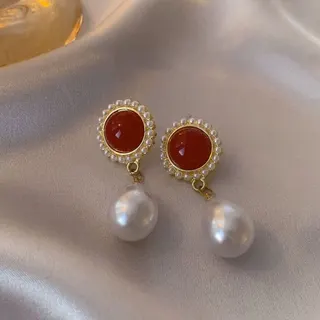 Vintage Wine Red Pearl Drop Earrings, 18K Gold Plated Alloy with Micro-set Pearl Beads, French Elegant Dangle Earrings for Women