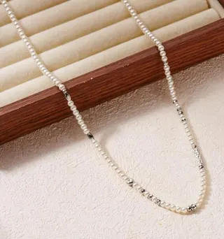 Vintage Pearl Necklace for Women - Stainless Steel Beaded Long Chain with Silver Spacer Beads, 42+6cm Adjustable Extender, Elegant Minimalist Jewelry