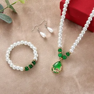 Mother's Day Jewelry Set - Imitation Pearl & Green Jade Necklace Bracelet Earrings 3-Piece Set, 18K Gold Plated Rhinestone Teardrop Pendant, Elegant Gift Box