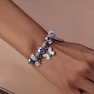 Butterfly Crown Flower Crystal Charm Bracelet, Adjustable Lobster Clasp Beaded Bracelet for Women, Glass Rhinestone Alloy Sweet Jewelry Gift
