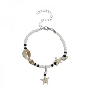 Seashell Starfish Beaded Anklet - Natural Shell & Teal Starfish Charm, Adjustable 21+7cm, Ocean Boho Beach Anklet for Women