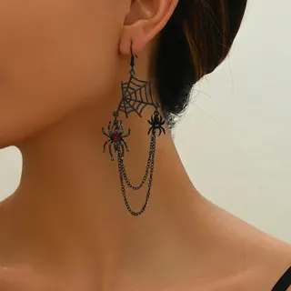 Halloween Spider Tassel Earrings Gothic Spider Web Dangle Earrings Black Alloy with Rhinestone Punk Party Cosplay Jewelry 12cm