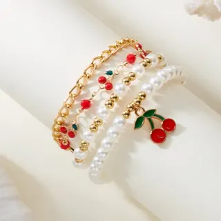 Cherry Pearl 5-Piece Bracelet Set - French Vintage Sweet Layered Bracelets, 18K Gold Plated Alloy with Imitation Pearls & Enamel Cherry Charm, Red