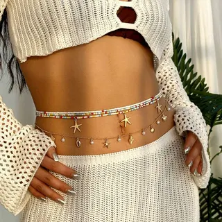 Boho Starfish Beaded Body Chain Set of 3 - Ocean Shell Pearl Waist Chain, 18K Gold Plated Alloy, Colorful Strand Belly Chain for Beach Vacation & Festival