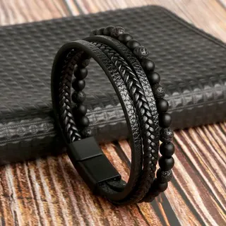 Tiger Eye Multi-Layer Leather Bracelet for Men, Vintage Braided Cord with Magnetic Clasp, Coffee Brown Natural Stone Stack Wristband 21cm