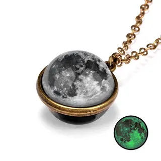Glow in the Dark Moon Necklace for Women, Double-Sided Galaxy Nebula Glass Pendant with 18K Gold Plated Alloy Chain, Retro Cosmic Statement Locket Necklace 50cm