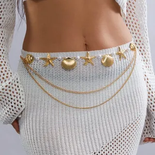 Boho Beach Waist Chain Belt - Gold Starfish & Scallop Shell Pearl Body Chain, 3-Strap Drape Waist Chain for Women, 90cm Vacation Swimwear Accessory