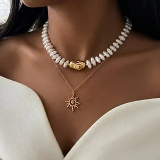 Double Layer Pearl & Sun Pendant Necklace, 18K Gold Plated Alloy with Imitation Pearls, Bohemian Retro Layered Choker for Women