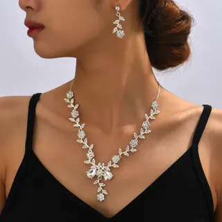 Vintage Rhinestone Vine Flower Necklace & Earring Set, Silver Alloy Crystal Drop Jewelry, Bridal Party Elegant Two-Piece Set