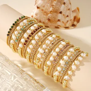 Luxury Imitation Pearl Cross Bracelet Set - Multi-Layer Stacking Beaded Bracelet with 18K Gold Plated CCB, Semi-Precious Stones & Fake Pearls, Boho Vacation Style for Women, Approx 6cm