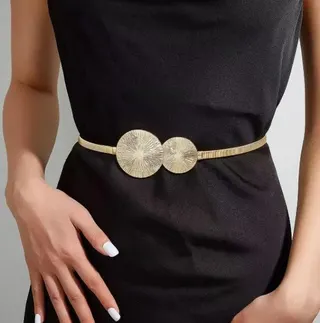 Gold Elastic Waist Chain Belt for Women - Double Disc Metal Waist Cincher, 18K Gold Plated Iron, Stretchy Dress Belt 65cm