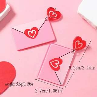Acrylic Heart Envelope Earrings Pink Sweet Girl Style Alloy + Acrylic 3D Heart Drop Dangle Earrings 6.2x2.7cm Valentine Gift Pair