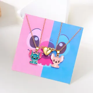 Stitch Couple Necklace Blue Pink Heart Magnetic Clasp Pendant Alloy 18K Gold Plated Enamel Cartoon Best Friend Chain 46+5cm