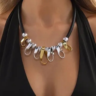 Statement Geometric Chain Necklace, Two-Tone Gold & Silver Rhombus Link Collar, Alloy 18K Gold Plated, Adjustable 50+5cm, Women's Luxury Fashion Jewelry
