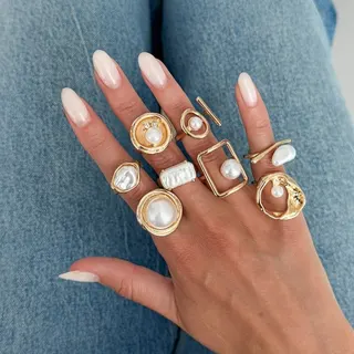 8pcs Geometric Pearl Ring Set, Gold-Plated Alloy Openwork Stacking Rings with Baroque & Round Pearls, French Vintage Jewelry Gift for Women