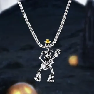 Halloween Guitar Skeleton Necklace, Gothic Punk Rock Style, Antique Silver Alloy Pendant with Cowboy Hat, Adjustable 60+5cm Chain, Unique Party & Cosplay Jewelry for Women
