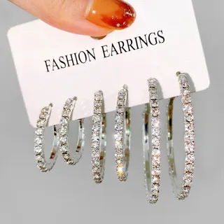Gold Hoop Earrings Set of 3 - Rhinestone Paved Small Medium Large Hoops, 18K Gold Plated Alloy, French Vintage Sparkly Hoop Earrings for Women, 2.5/3.5/4.5cm
