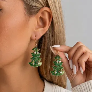 Christmas Tree Earrings for Women, Alloy Holiday Dangle Earrings with Pearl Accents, Green Festive Christmas Tree Drop Earrings ~6.5cm, Party & Gift Jewelry