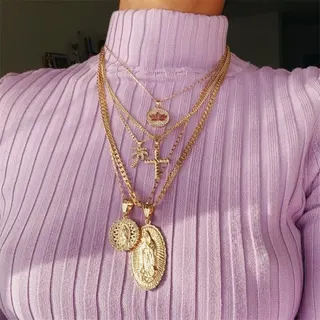 Vintage Religious Layered Necklace, Gold Alloy 18K Plated, Relief Figure Cross & Palm Tree Pendant, 42cm Multi-Chain Statement Jewelry