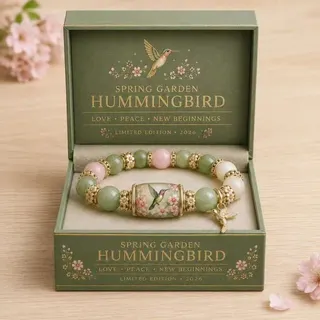 Hummingbird Floral Beaded Bracelet - French Vintage Forest Style Glass Beads with Rhinestone Spacers & Gold Hummingbird Charm, Green Pink White, ~18cm, Gift Boxed
