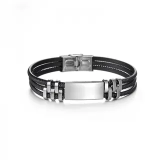 Titanium Steel Mirror Square Plate Leather Braided Bracelet - Custom Laser Engraving DIY Unisex Minimalist Wristband 20.5cm Hypoallergenic