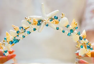 Ocean Starfish Shell Headband with Imitation Pearls & Blue Crystals, Boho Beach Wedding Hair Accessory, Resin Alloy Hairband approx 18cm