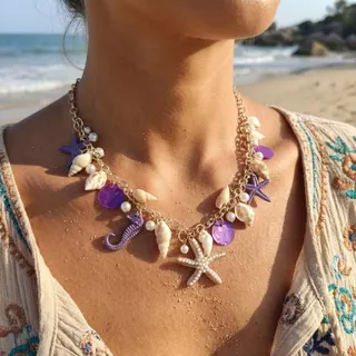 Boho Ocean Starfish Shell Necklace - Resin Pearl & Seashell Charm Pendant, Gold Chain Beach Vacation Jewelry, 49+5cm Adjustable, Random Color