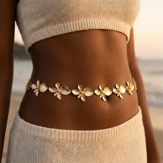 Butterfly Flower Waist Chain - Gold Alloy with Mother of Pearl Petals, Adjustable 76+30cm, Boho Beach Wedding Body Jewelry for Women