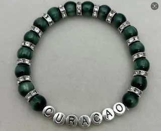 CURACAO Letter Bead Bracelet, Green Stone 8mm with Rhinestone Alloy Spacers, Island Vacation Style Jewelry for Women