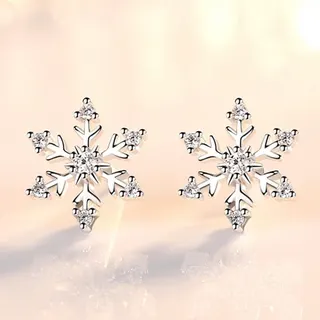 Snowflake Zircon Stud Earrings for Women, White Gold Plated 925 Silver Post, 6-Petal Ice Flower Micro-Pavé Sparkle Earrings 9mm, Hypoallergenic Elegant Gift Jewelry