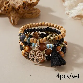 Bohemian Multi-Layer Wooden Bead Elastic Bracelet Set of 4 - Tree of Life Pendant & Tassel, Alloy + Wood Beads, Ethnic Vintage Stackable Bracelets for Women, Beige, 18cm