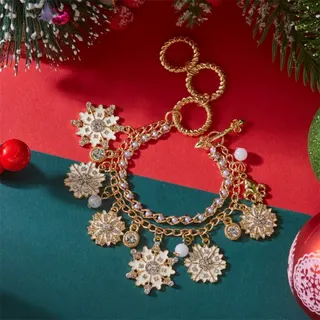Christmas Snowflake Pearl Bracelet - 18K Gold Plated Alloy, White Enamel Snowflake Charms with Rhinestones & Pearls, Adjustable 17+5cm, Festive Gift Jewelry