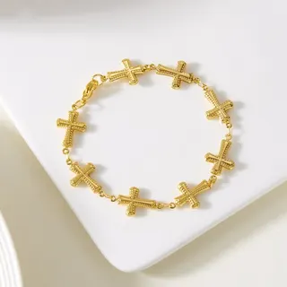 Stainless Steel Cross Bracelet for Women, Gold 18K Plated Wave Texture Cross Beads, Hypoallergenic Tarnish-Free Adjustable Chain, Boho Vintage Religious Jewelry 17+5cm