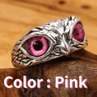 Vintage Owl Ring Silver Oxidized Relief Red Eyes Adjustable Open Band Punk Gothic Statement Finger Ring