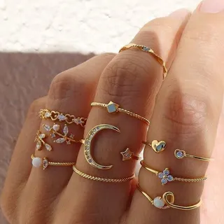 10 Pcs Rhinestone Ring Set, Moon Star Heart Leaf Pearl Adjustable Open Rings, Gold Alloy Delicate Stacking Rings for Women, Bridal Bridesmaid Jewelry Gift