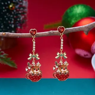Christmas Reindeer Teacup Earrings - Heart Bow Rhinestone Dangle Earrings, 18K Gold Plated Alloy, Festive Gift Jewelry for Women