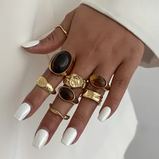 Vintage Geometric Ring Set of 8 - 18K Gold Plated Alloy, Cabochon & Sculpted Boho Stackable Rings for Women