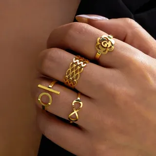 Stainless Steel 18K Gold Plated Geometric Hollow Ring Set of 4 - Flower Chain Letter Infinity 8 Symbol Stacking Rings for Women, Hypoallergenic Fashion Jewelry