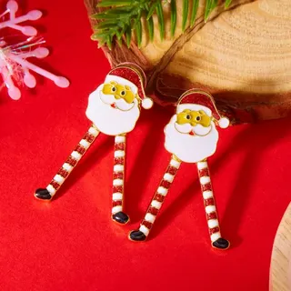 Christmas Santa Claus Earrings, Cartoon Enamel Alloy Dangle Earrings with 18K Gold Plating, Red White Striped Holiday Party Jewelry Gift, 4.5cm Pair