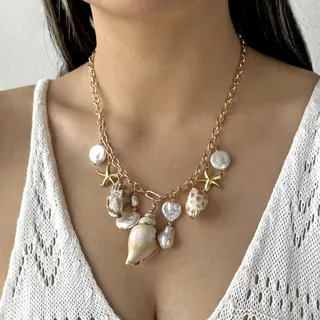 Summer Ocean Starfish Pearl Conch Shell Necklace, 18K Gold Plated Alloy, Adjustable 45+5cm Clavicle Chain, Beach Vacation Jewelry for Women