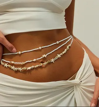 Bohemian Beach Waist Chain, Multi-Layer Pearl Starfish Shell Belly Chain, White Beaded Body Jewelry for Summer Vacation Wedding Photoshoot, 75cm Adjustable