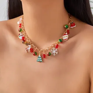 Christmas Necklace for Women 18K Gold Plated Alloy with Dripped Color Beads, Christmas Tree Snowman Snowflake Charms, Adjustable 38+5cm Clavicle Chain Holiday Gift