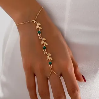 Gold Leaf Vine Green Zircon Hand Chain Bracelet & Finger Ring Set, 18K Gold Plated Alloy, Boho Chic One-Piece Wrist Finger Jewelry for Women, Bridal Party Gift