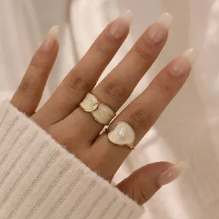 French Vintage Mother of Pearl Pearl Ring Set of 2, 18K Gold Plated Stainless Steel, Enamel Wide Band Stacking Rings for Women, Hypoallergenic Jewelry Gift