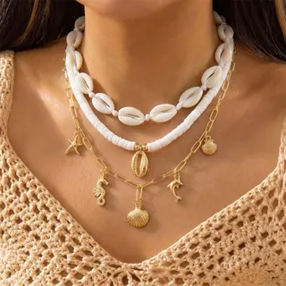 Boho Beach Shell Necklace Set 3-Piece Layered - Sea Star Seahorse Dolphin Ocean Charm - Gold Alloy & Clay 39+5cm