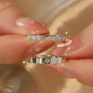 Butterfly Knot Zircon Couple Rings, Adjustable Open Band, 18K White Gold Plated Copper, Men & Women Matching Set