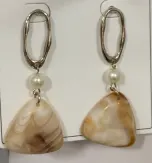 French Vintage Dangle Earrings - Alloy White Gold Plated with Pearl & Agate-Textured Triangle Drop, Earthy Coffee-Green, Lightweight Hypoallergenic Pair