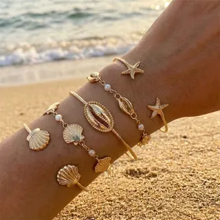 Ocean Starfish Shell Bracelet Set 5pcs Gold Alloy Jewelry Beach Vacation Stackable Accessories 6.5cm