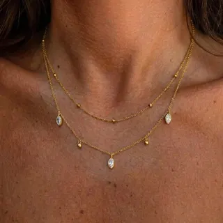 Double Layer Marquise Zircon Ball Bead Necklace, 18K Gold Plated Stainless Steel, Elegant Layered Pendant Chain for Women, 37+5cm